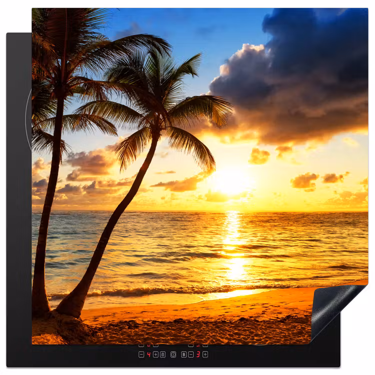 Strand - Horizon - Zonsondergang - Palmboom - Zee Inductie beschermer vinyl 3mm middel -3d