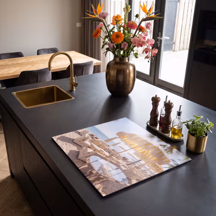 Strand - Ligbedden - Vakantie - Modern - Geel Inductie beschermer vinyl 3mm middel -sfeer5