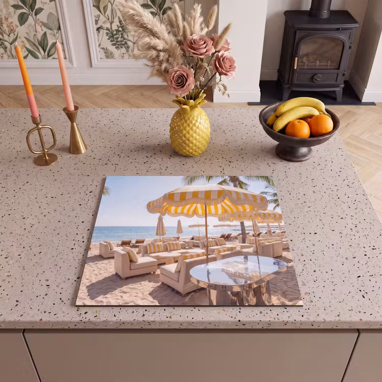 Strand - Ligbedden - Vakantie - Modern - Geel Inductie beschermer vinyl 3mm middel -sfeer3
