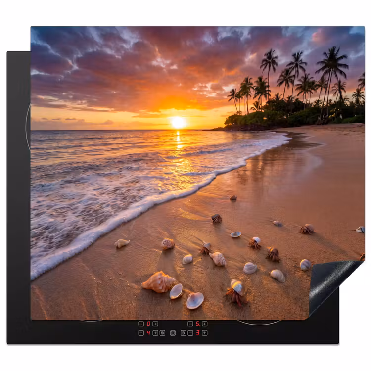 Strand - Zonsondergang - Palmbomen - Natuur - Oranje Inductie beschermer vinyl 3mm middel -3d