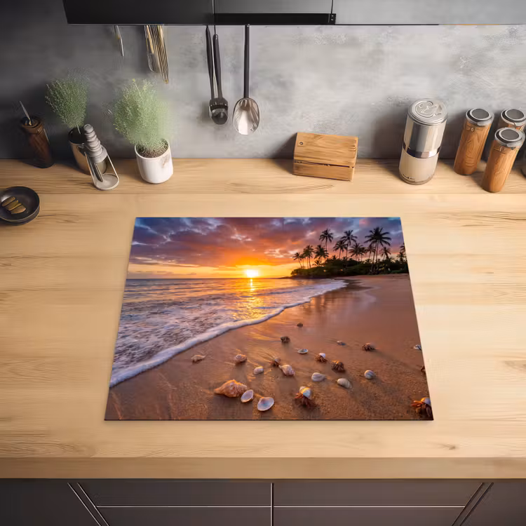 Strand - Zonsondergang - Palmbomen - Natuur - Oranje Inductie beschermer vinyl 3mm middel -sfeer5