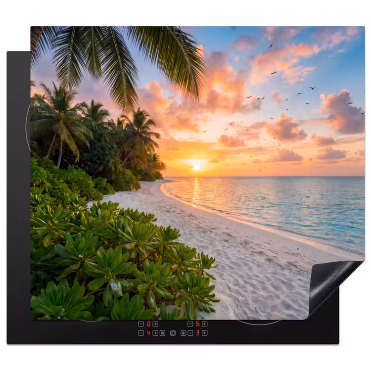 Strand - Zonsondergang - Palmbomen - Tropisch - Natuur Inductie beschermer vinyl 3mm middel -3d