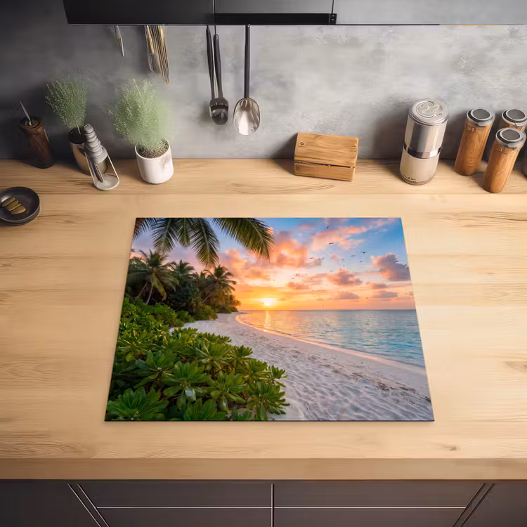 Strand - Zonsondergang - Palmbomen - Tropisch - Natuur Inductie beschermer vinyl 3mm middel -sfeer5