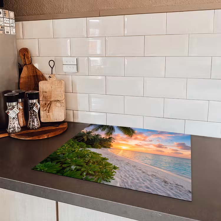 Strand - Zonsondergang - Palmbomen - Tropisch - Natuur Inductie beschermer vinyl 3mm middel -sfeer3