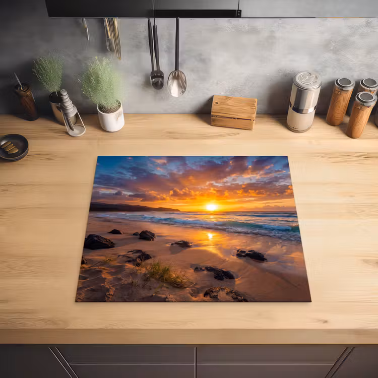 Strand - Zonsondergang - Golven - Natuur - Oranje Inductie beschermer vinyl 3mm middel -sfeer5