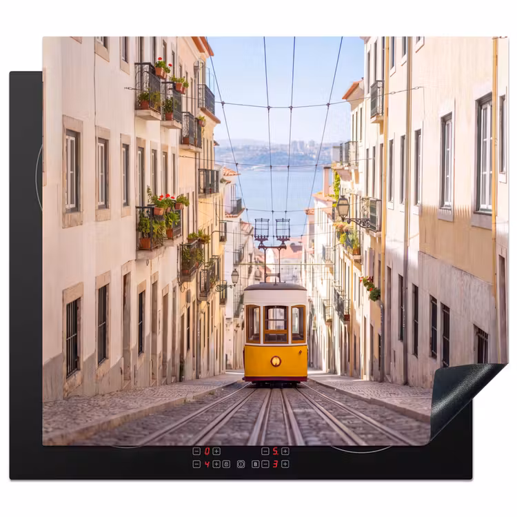 Tram - Straat - Stad - Architectuur - Geel Inductie beschermer vinyl 3mm middel -3d