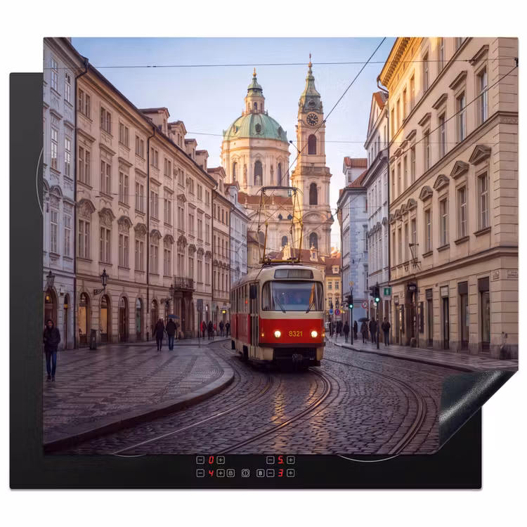 Tram - Straat - Stadsgezicht - Klassiek - Rood Inductie beschermer vinyl 3mm middel -3d