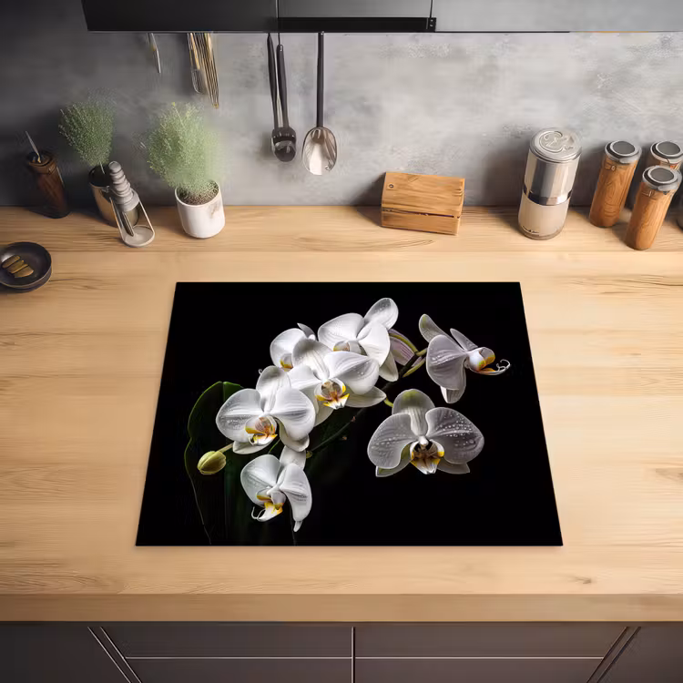 Dauwdruppels op Witte Orchideeën Inductie beschermer vinyl 3mm middel -sfeer5