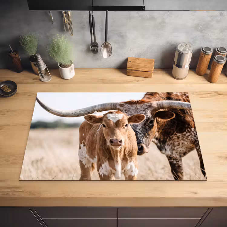 Texas Longhorn - Kalf - Weide - Dieren Inductie beschermer vinyl 3mm klein -sfeer5
