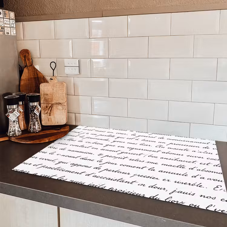 Tekst - Handschrift - Klassiek - ZwartWit Inductie beschermer vinyl 3mm klein -sfeer3