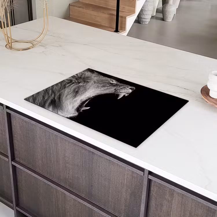 Dieren - Leeuw - Zwart - Wit - Portret Inductie beschermer vinyl 3mm klein -sfeer8