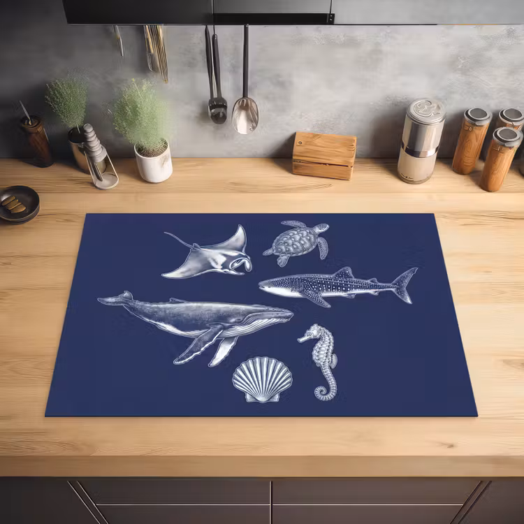Dieren - Zeeleven - Oceaan - Graveren - Blauw Inductie beschermer vinyl 3mm klein -sfeer5