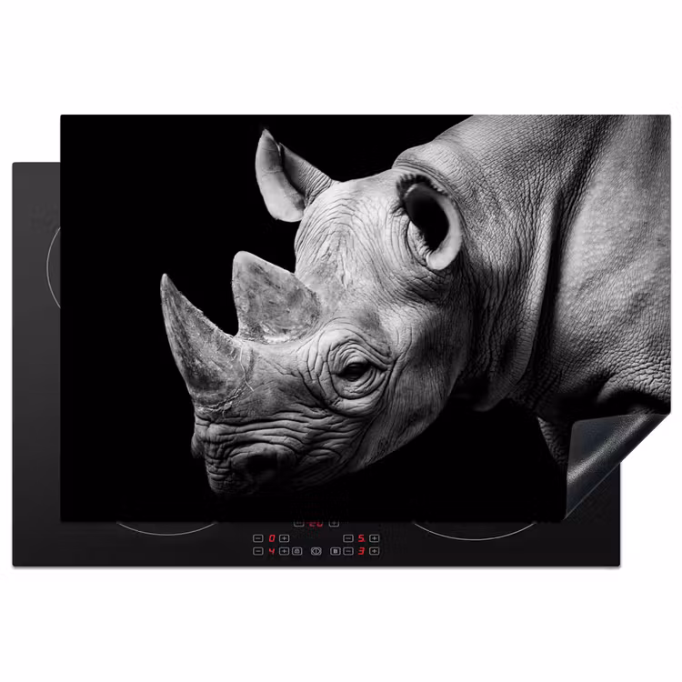 Dieren - Neushoorn - Zwart - Wit - Portret Inductie beschermer vinyl 3mm klein -3d