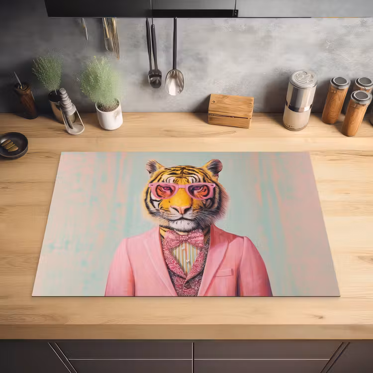 Tijger - Strik - Jasje - Roze Inductie beschermer vinyl 3mm klein -sfeer5
