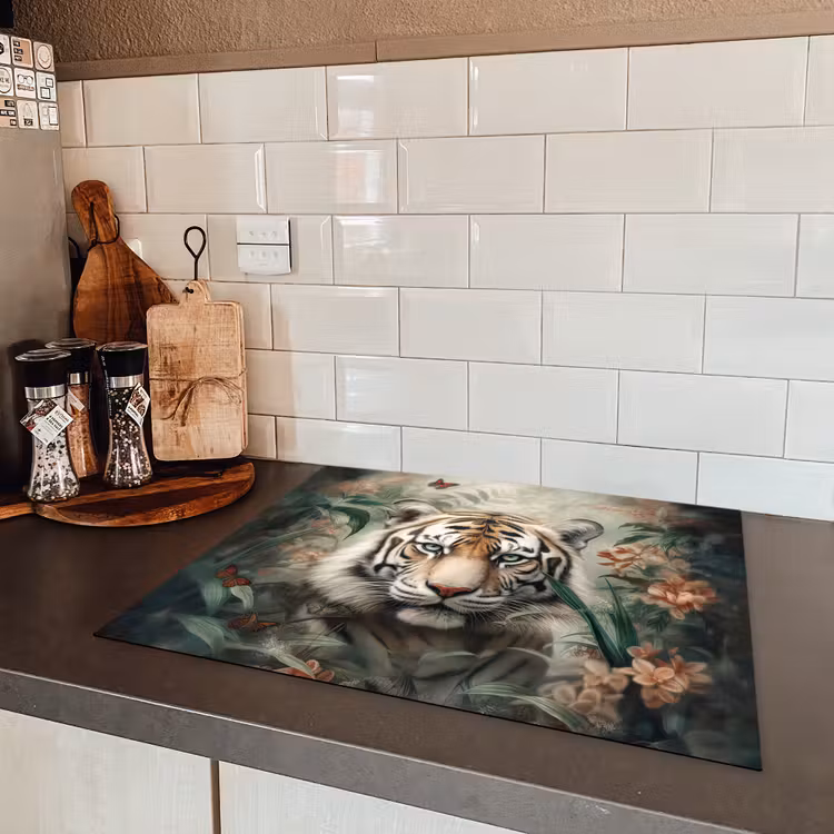 Tijger - Vlinders - Dieren - Jungle - Bloemen Inductie beschermer vinyl 3mm groot -sfeer3