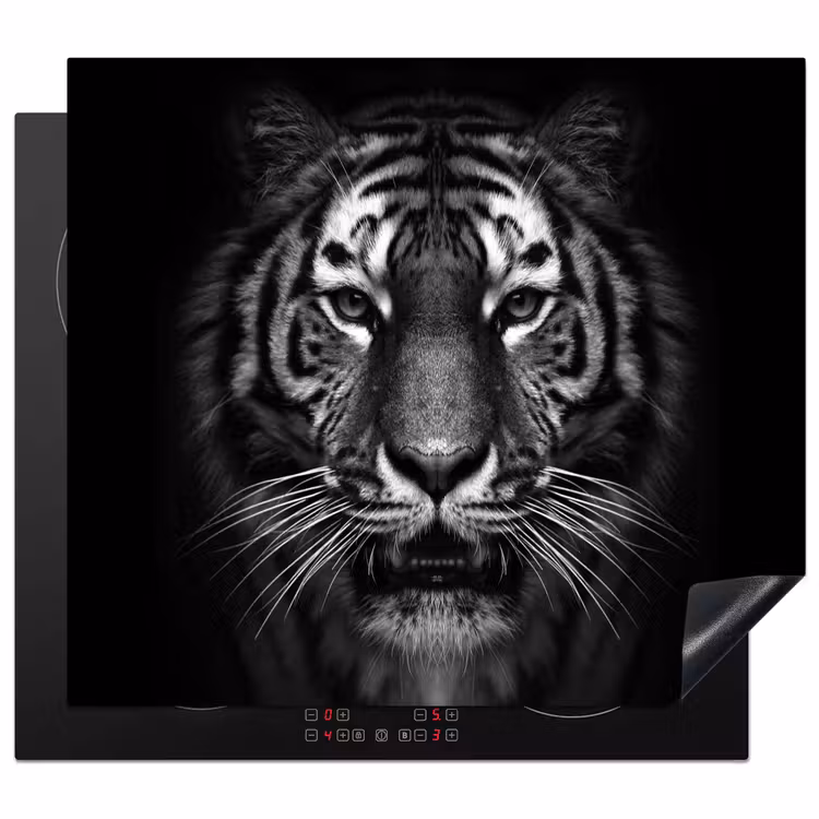 Tijger - Dieren - Zwart - Wit - Portret - Wild Inductie beschermer vinyl 3mm middel -3d