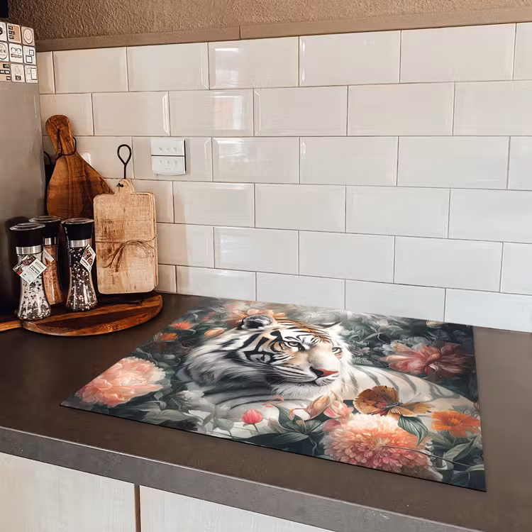 Tijger - Wilde dieren - Bloemen - Jungle Inductie beschermer vinyl 3mm groot -sfeer3