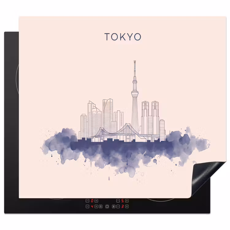 Tokyo - Skyline - Stad - Abstract - Blauw Inductie beschermer vinyl 3mm middel -3d