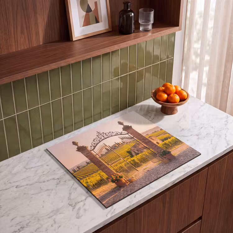 Poort - Landschap - Platteland - Zonlicht - Warm Inductie beschermer vinyl 3mm middel -sfeer8