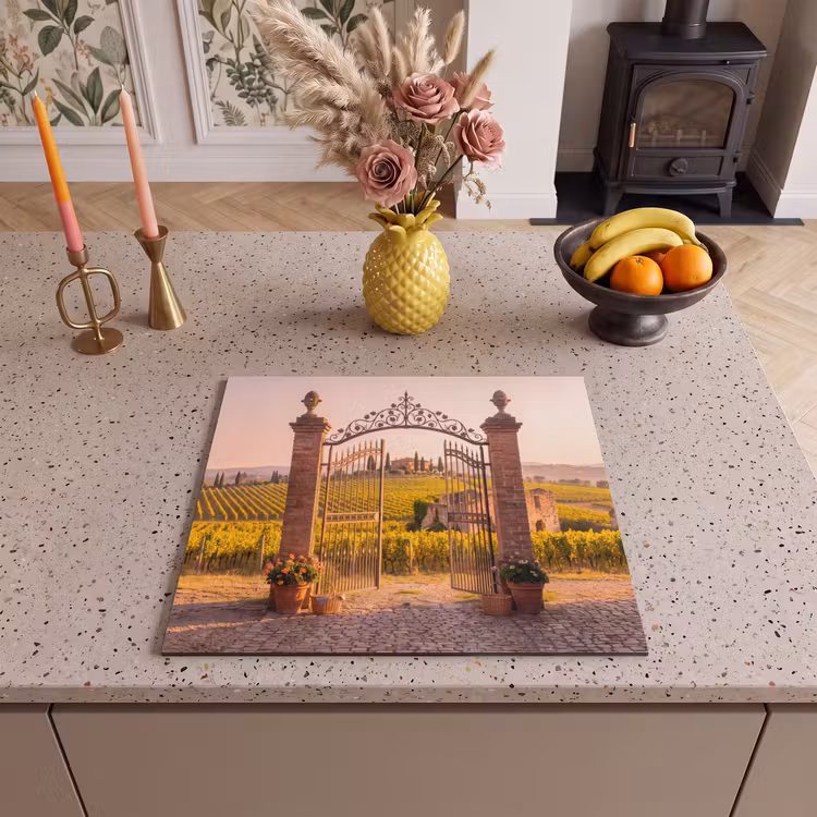 Poort - Landschap - Platteland - Zonlicht - Warm Inductie beschermer vinyl 3mm middel -sfeer3