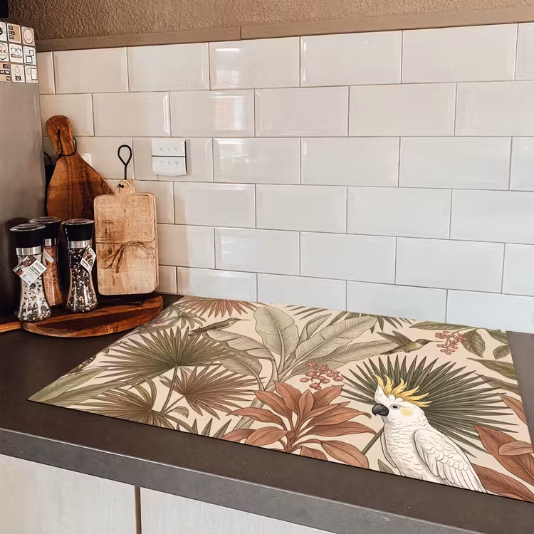 Tropisch - Vogels - Beige Inductie beschermer vinyl 3mm klein -sfeer3