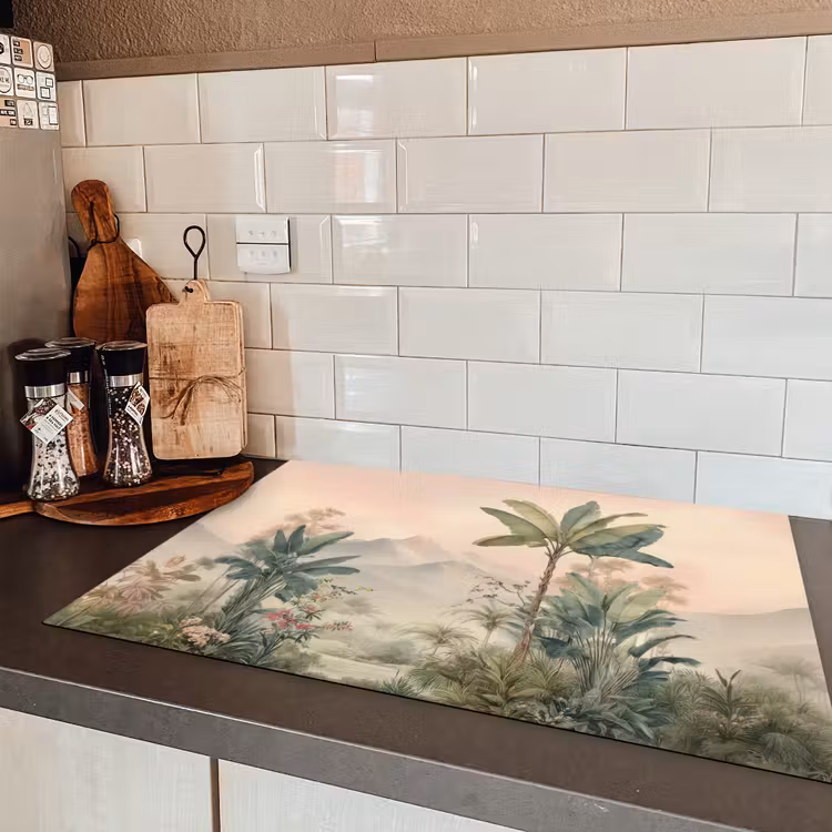 Tropisch landschap - palmbomen - Bloemen - Roze lucht Inductie beschermer vinyl 3mm klein -sfeer3