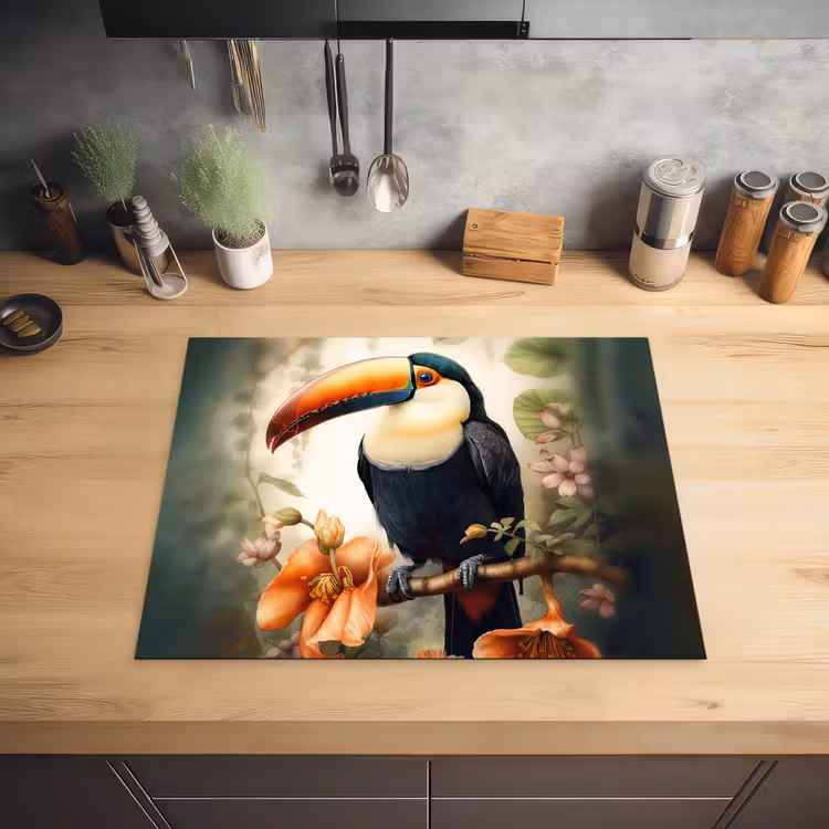 Toekan - Vogel - Bloemen - Planten Inductie beschermer vinyl 3mm groot -sfeer5