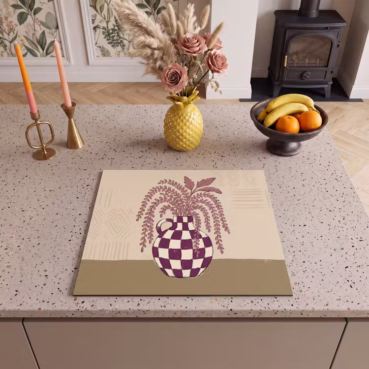Vaas - Geruit - Planten - Modern - Paars Inductie beschermer vinyl 3mm middel -sfeer3