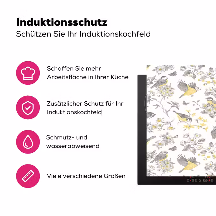 Birds - Flowers - Gray - Yellow Inductie beschermer vinyl 3mm klein 276 -zzzzzzz-lf-ups
