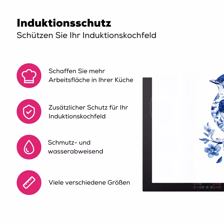 Vogel - Delfts blauw - Illustratie - Bloemen Inductie beschermer vinyl 3mm klein -zzzzzzz-lf-ups