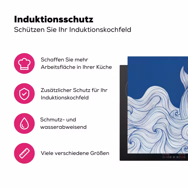 Walvis - Staart - Golven - Lijntekening - Blauw Inductie beschermer vinyl 3mm klein -zzzzzzz-lf-ups
