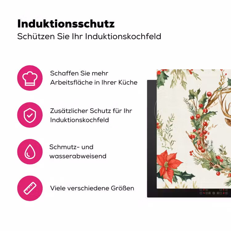Kerstkrans - Hert - Hulst - Rood Inductie beschermer vinyl 3mm klein -zzzzzzz-lf-ups