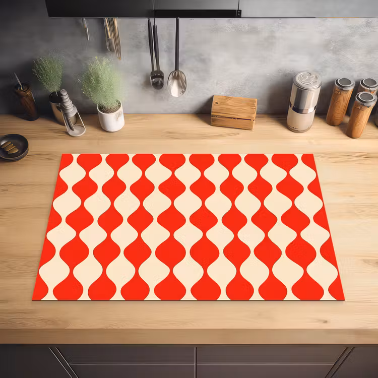 Golvend patroon - Retro - Rood - Beige Inductie beschermer vinyl 3mm klein 276 -sfeer5