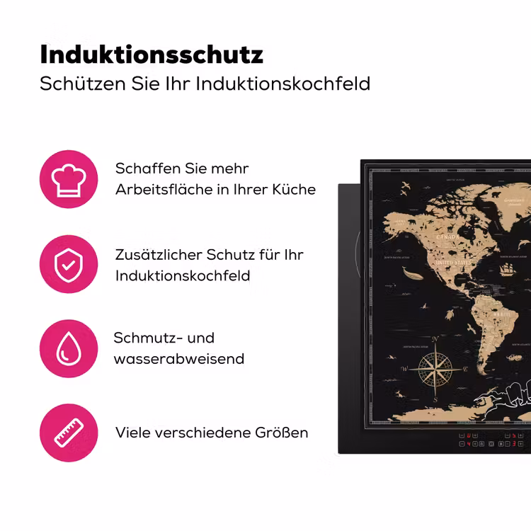 Wereldkaart - Beige - Zwart Inductie beschermer vinyl 3mm klein -zzzzzzz-lf-ups
