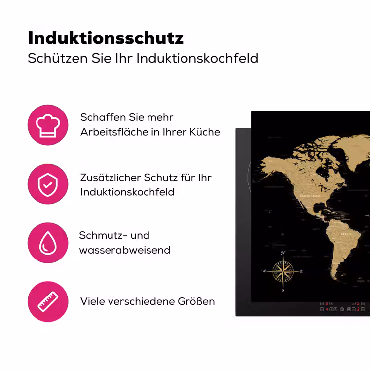 Wereldkaart - Beige - Zwart Inductie beschermer vinyl 3mm klein -zzzzzzz-lf-ups