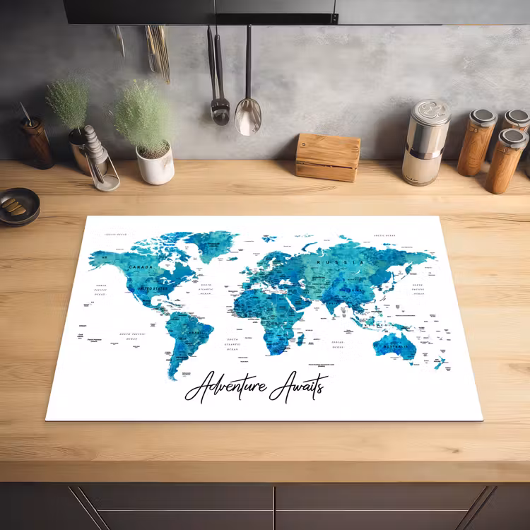 Wereldkaart - Blauw - Kleurrijk Inductie beschermer vinyl 3mm klein -sfeer5