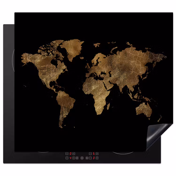 Wereldkaart - Goud - Luxe - Aarde - Zwart Inductie beschermer vinyl 3mm middel -3d