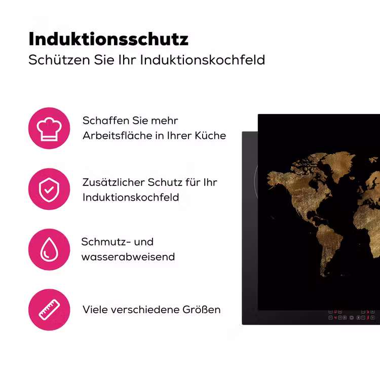 Wereldkaart - Goud - Luxe - Aarde - Zwart Inductie beschermer vinyl 3mm middel -zzzzzzz-lf-ups