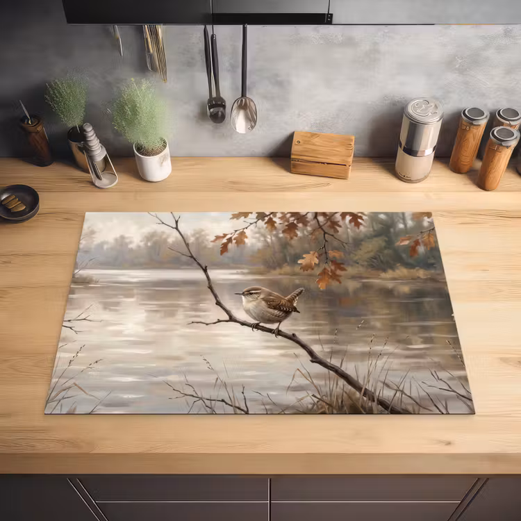 Winterkoninkje - Tak - Rivier - Natuur - Sfeervol Inductie beschermer vinyl 3mm klein -sfeer5
