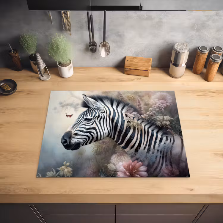 Zebra - Wilde dieren - Vlinder - Bloemen Inductie beschermer vinyl 3mm groot -sfeer5