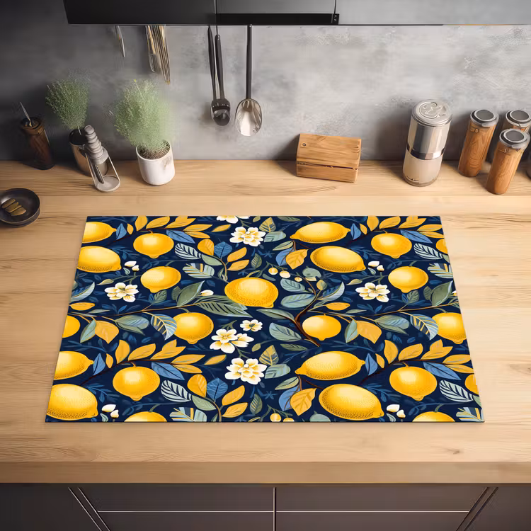 Citroenen - Bloemen - Bladeren - Blauw Inductie beschermer vinyl 3mm klein 276 -sfeer5