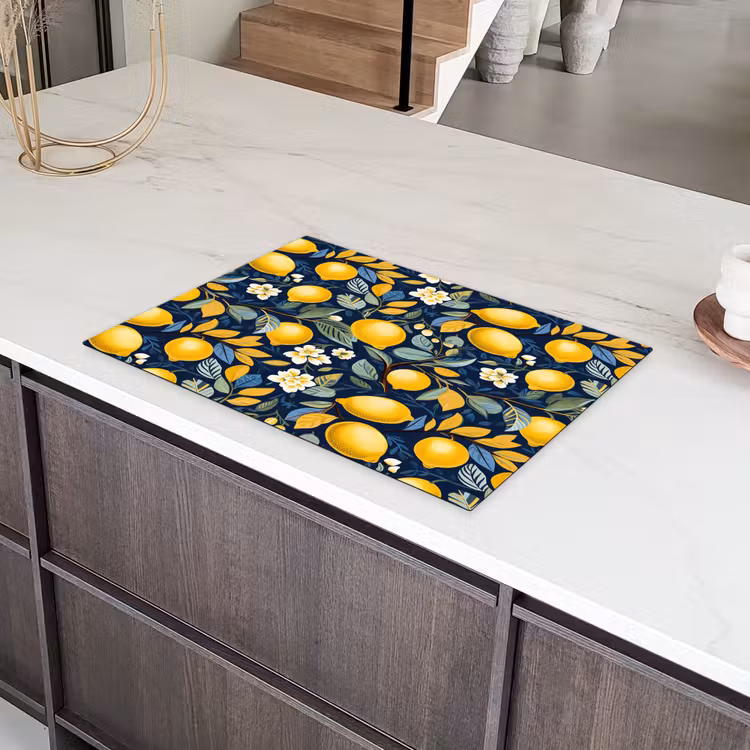 Citroenen - Bloemen - Bladeren - Blauw Inductie beschermer vinyl 3mm klein 276 -sfeer8