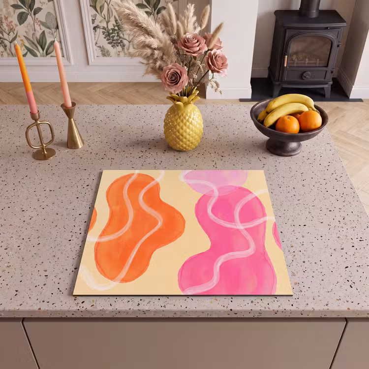 Abstract - Aquarel - Organisch - Oranje - Roze Inductie beschermer vinyl 3mm middel -sfeer3