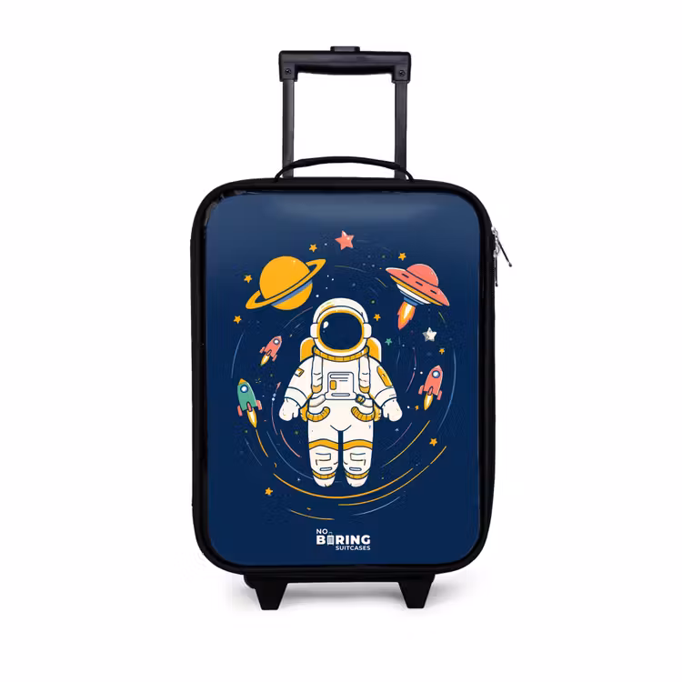 Astronaut - Planeet - Sterren - Raket Kinderkoffer - Zwart klein -3d