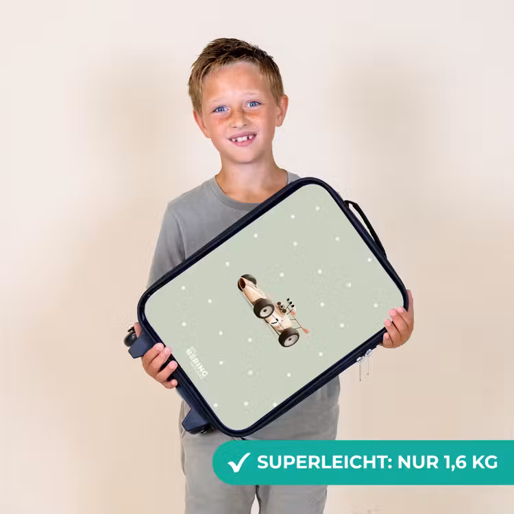 Beige retro raceauto op groene stippen achtergrond Kinderkoffer - Zwart klein -sfeer4_DE