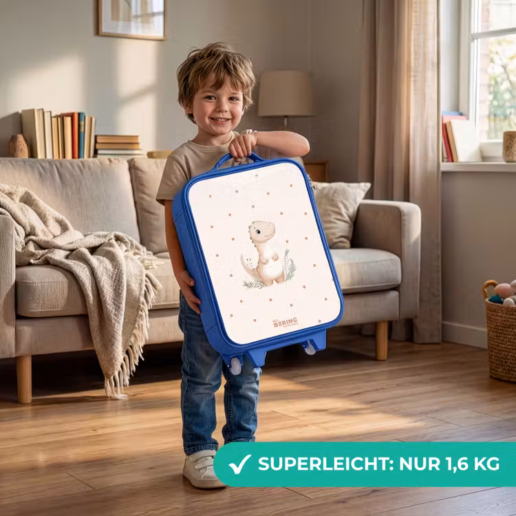 Beige dino op een stippen achtergrond Kinderkoffer - Blauw klein -sfeer2_DE