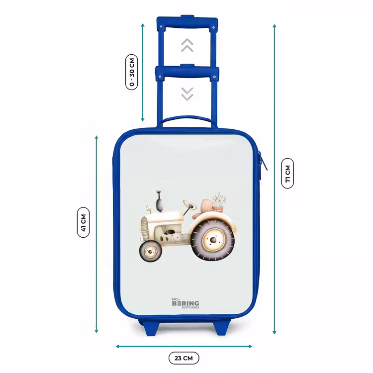 Beige vintage tractor in pastel groene kleuren Kinderkoffer - Blauw klein -productfoto_formaten