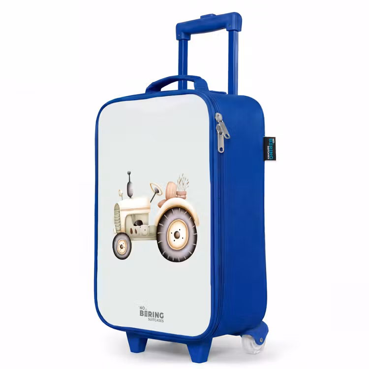Beige vintage tractor in pastel groene kleuren Kinderkoffer - Blauw klein -productfoto_schuin