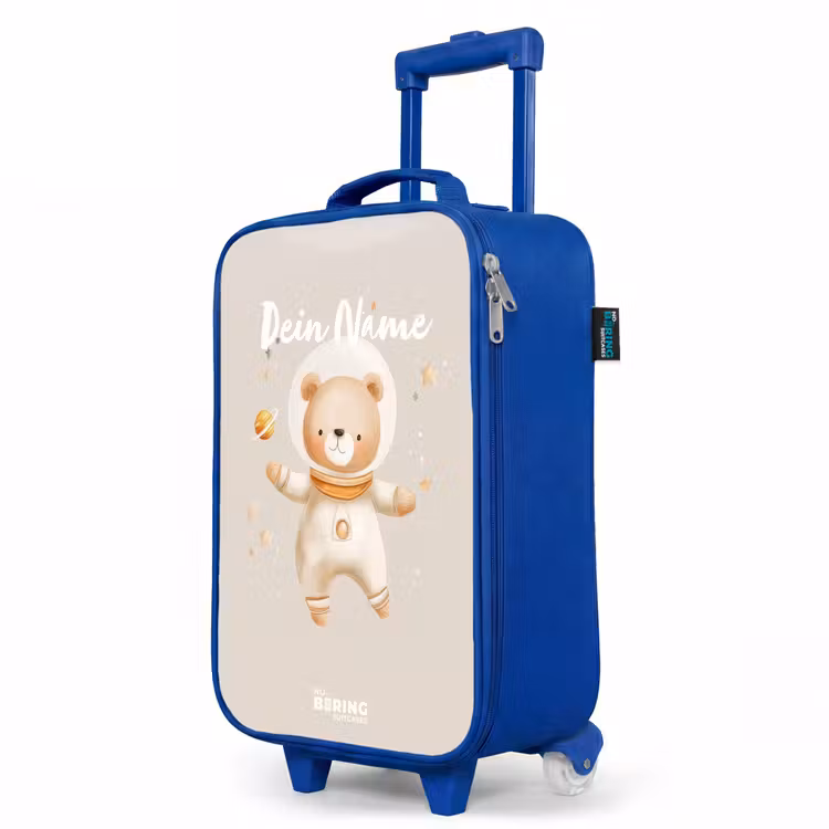 Beige ruimtebeer zweeft tussen sterren Kinderkoffer - Blauw klein -productfoto_schuin