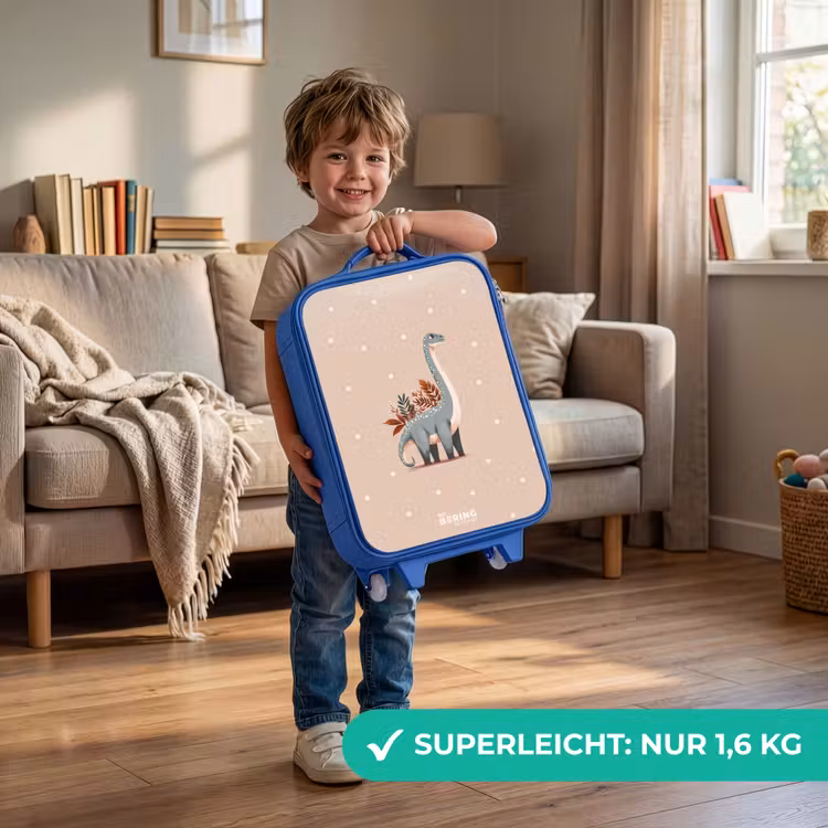 Blauwe dinosaurus op een beige stippenachtergrond Kinderkoffer - Blauw klein -sfeer2_DE